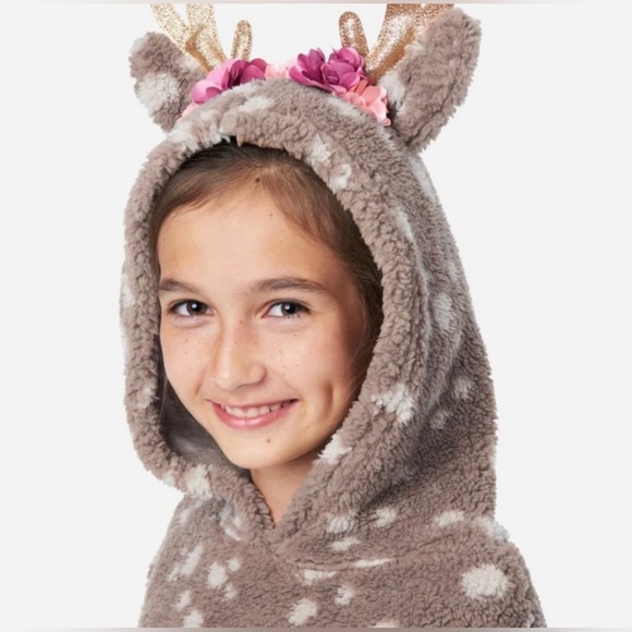 Justice Girls Hooded Reindeer Sherpa Pajamas Plush 2 Piece PJ Set Deer Antlers - Picture 4 of 15